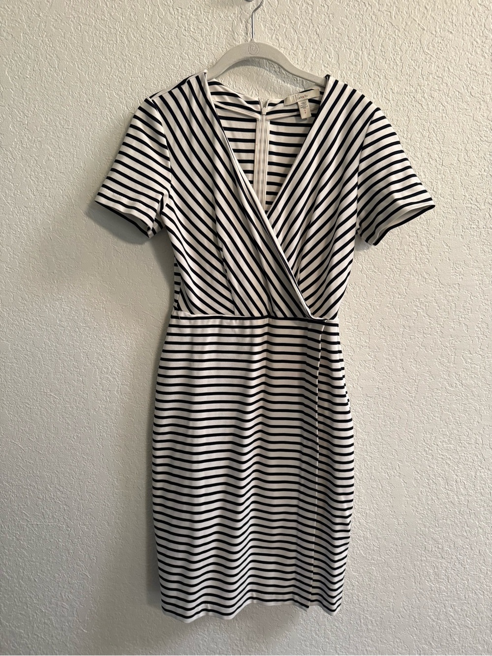 Lark & Ro Black and White Striped Faux-Wrap Mini Dress